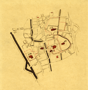 212087 Plattegrond van het midden-gedeelte van de binnenstad van Utrecht; met weergave van het stratenplan en ...